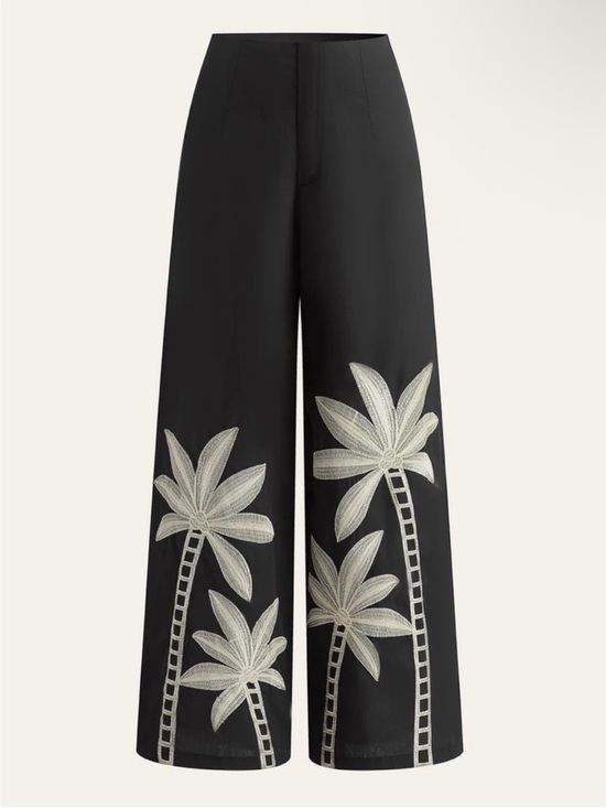 Commense Pants - Commense Embroidered High-Waist Wide-Leg Palm Tree Black White Tropical Pants